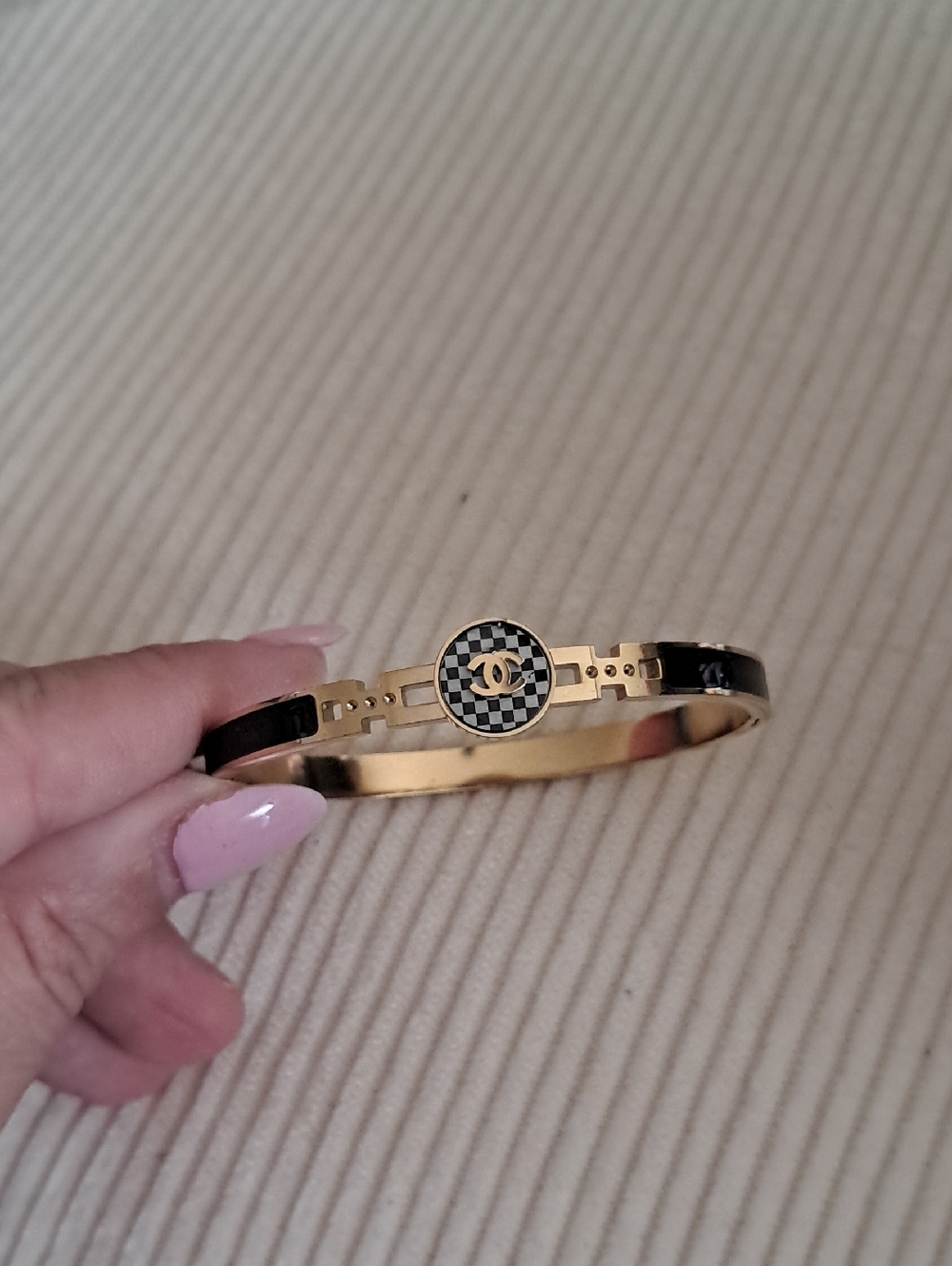 Gold and Black Checkered CC Medallion Bangle Bracelet